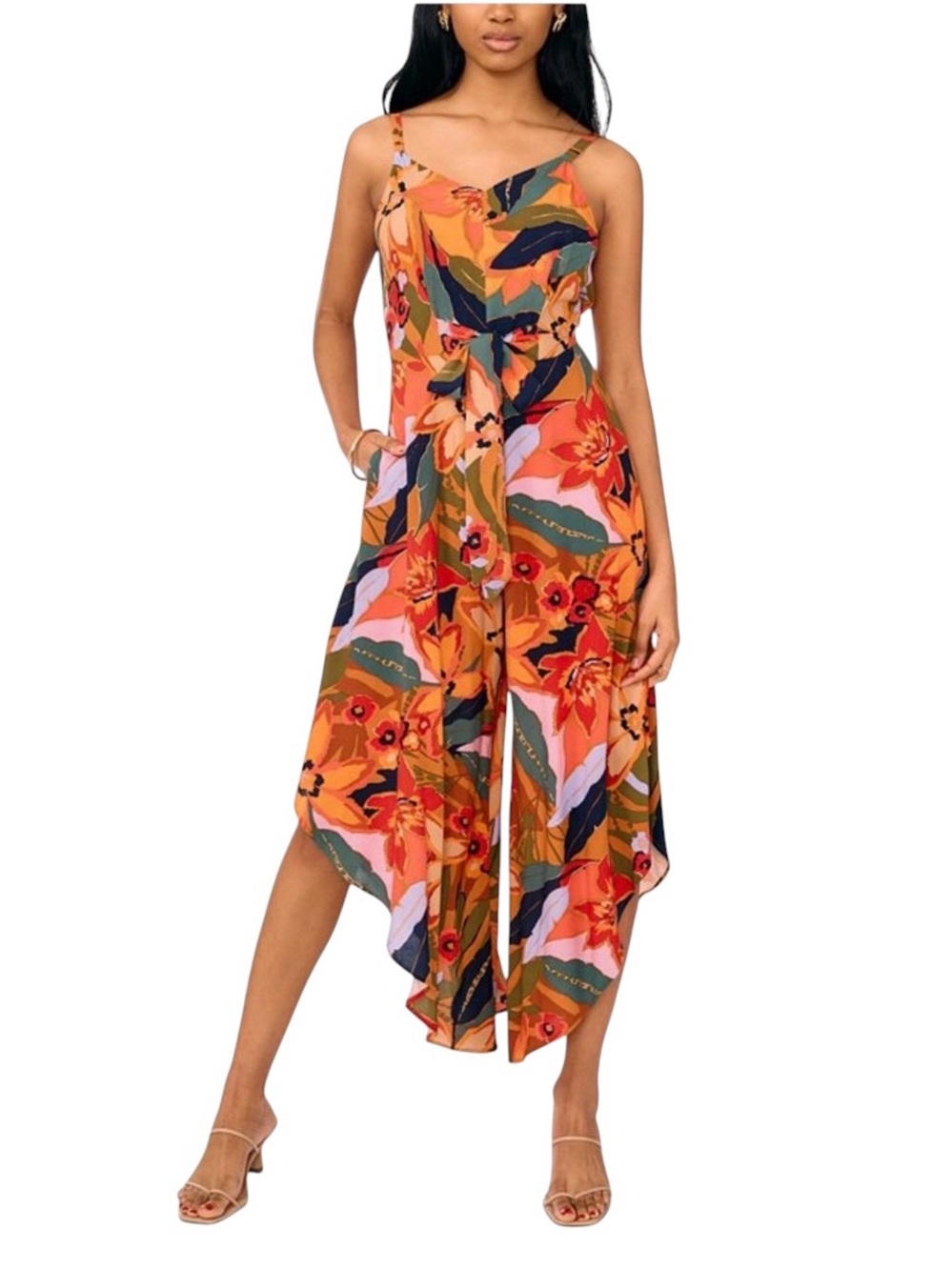 MSK Tropical Print Tie-Waist Jumpsuit High-Low Asymmetric Wide Leg Med #2283